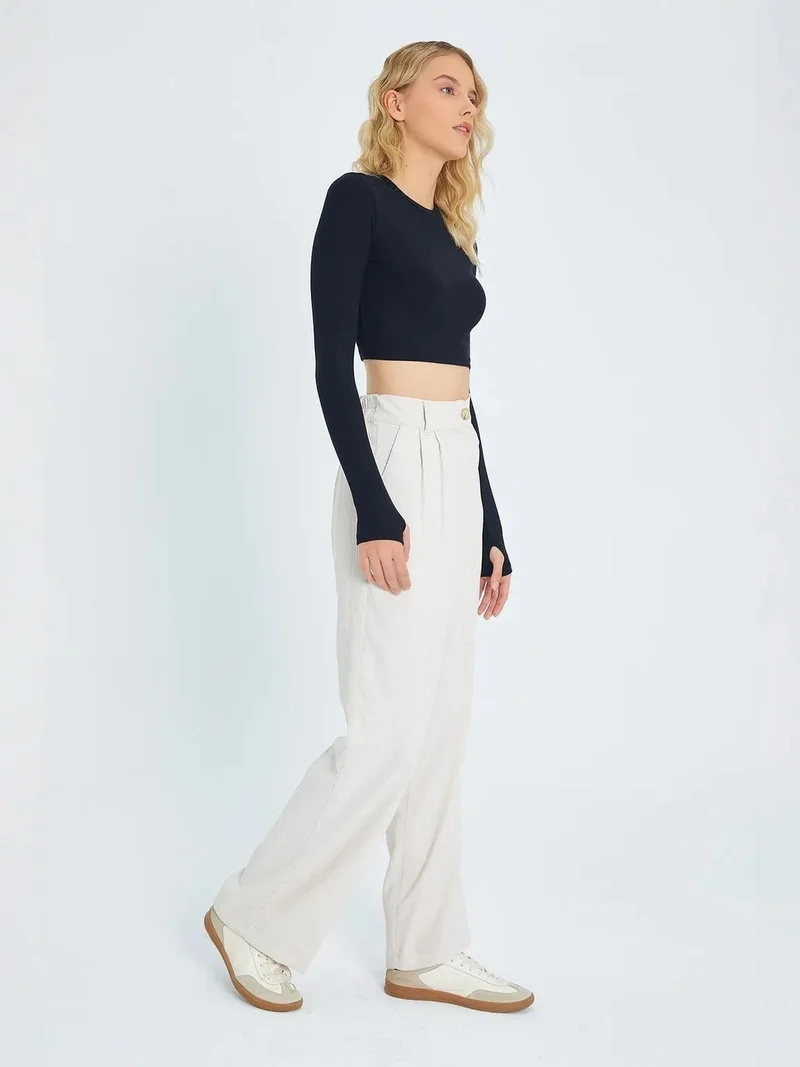 MixRay Natural Mixray High Waist Velvet Straight Leg Pants for Women | Best Price UAE